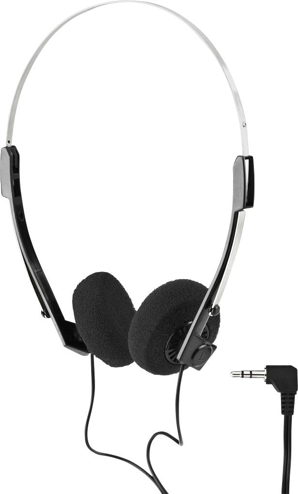 Ein einfacher Kopfhörer mit Bügel, schwarzer Polsterung und einem 3,5-mm-Audiokabelanschluss.