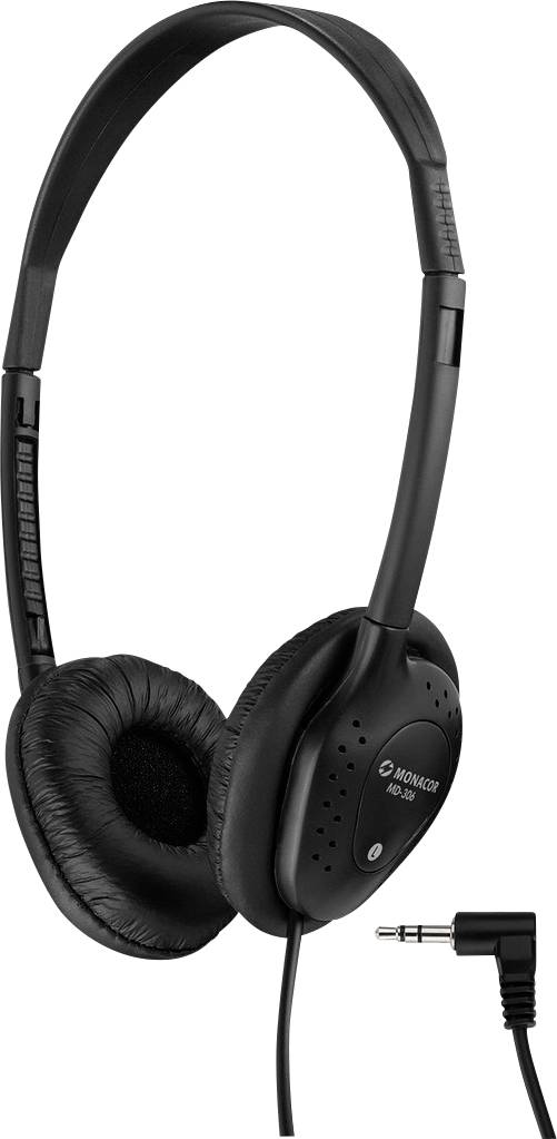 Ein schwarzer Kopfhörer mit schwenkbaren Ohrmuscheln und gepolsterten Ohrpolstern, daneben ein 3,5-mm-Audiostecker.