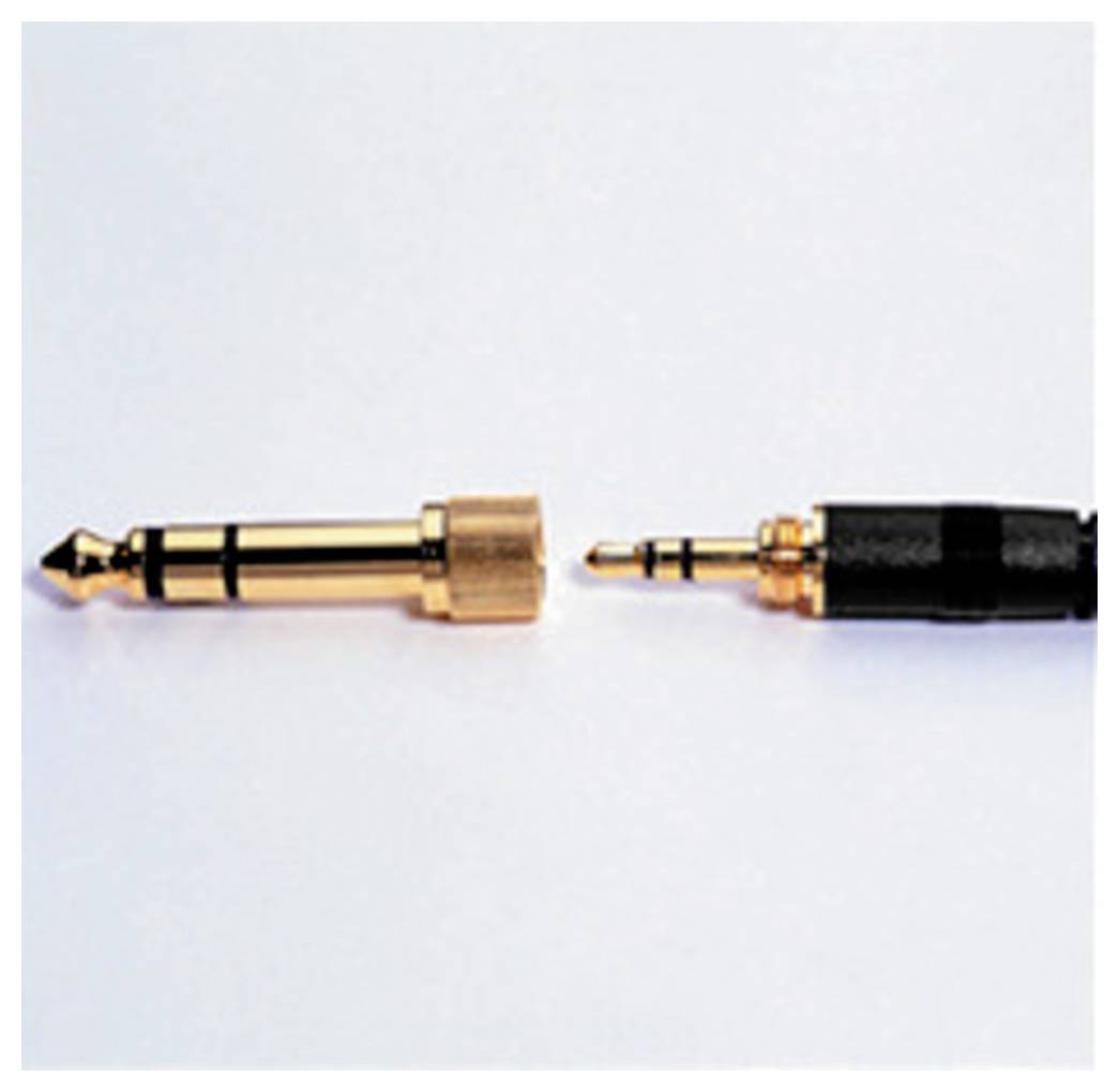 Zwei Audio-Stecker: Ein großer goldener Klinkenstecker links und ein kleinerer schwarzer und goldener Stecker rechts.