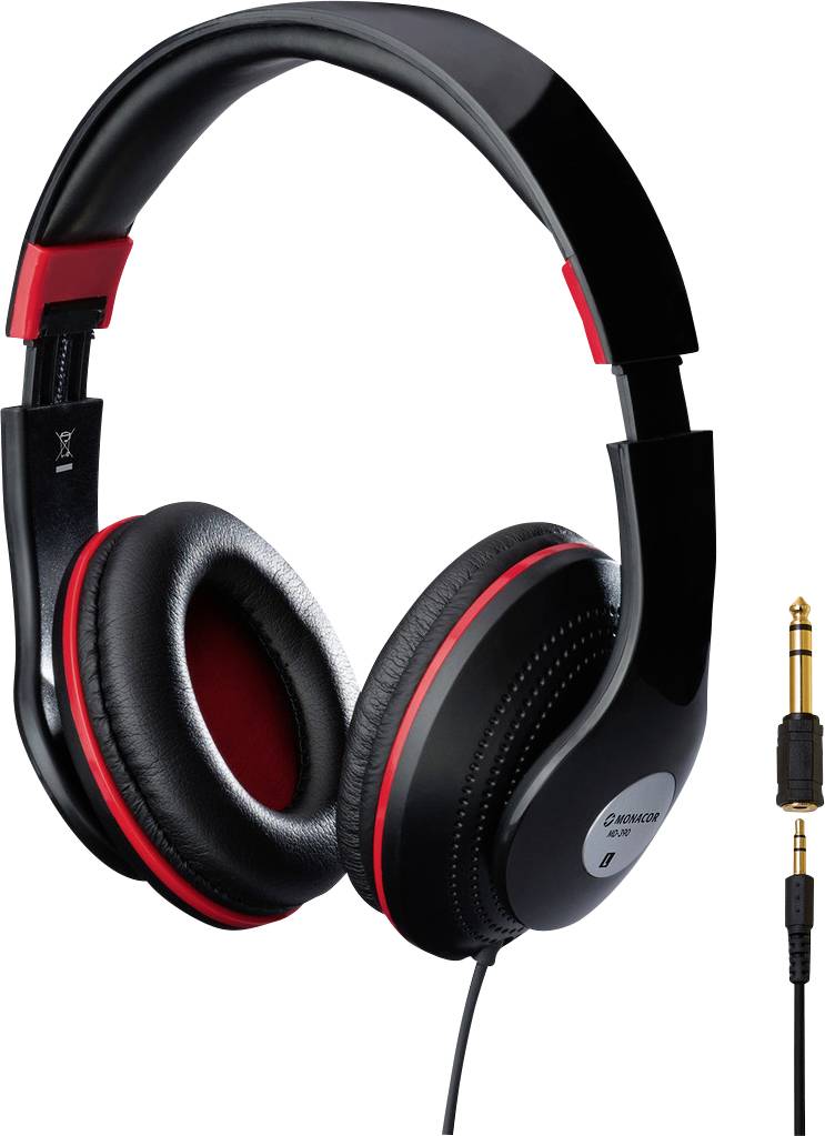 Schwarze Over-Ear-Kopfhörer mit roten Akzenten und Kabel; 3,5mm Klinkenstecker abgebildet daneben.