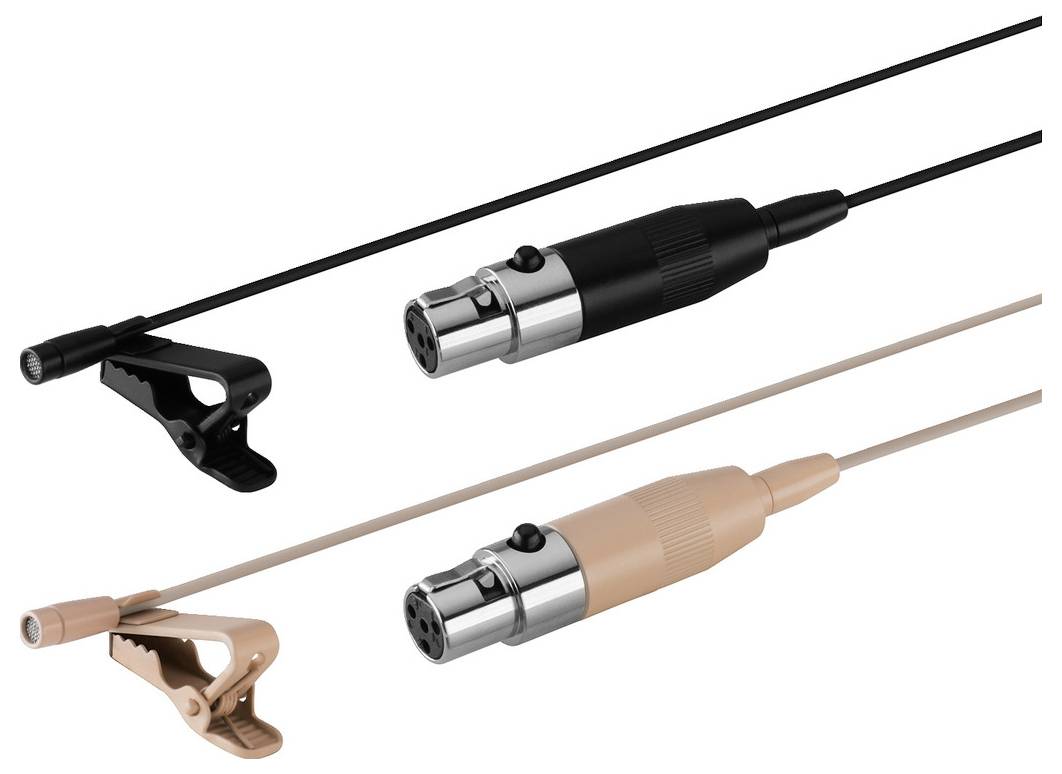 Zwei Lavalier-Mikrofone mit verschiedenen Clips und Buchsen, ein schwarzes und ein hautfarbenes, nebeneinander liegend auf weißem Hintergrund.