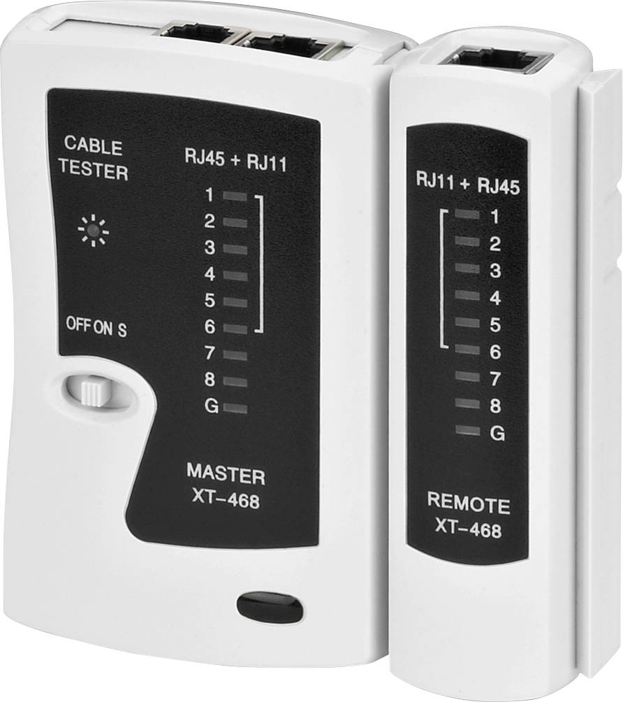 Kabeltester mit zwei Geräten: 'Master' und 'Remote'. Anzeigen für RJ45 und RJ11. Zeigt Verbindung und Funktionalität der Kabel.