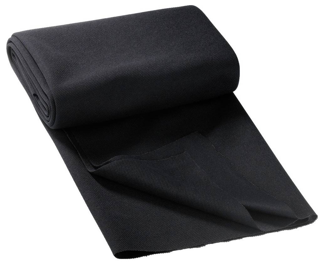Dunkler Stoff, gefaltet, texturiert, geeignet für Kleidung oder Dekoration, liegt auf einer hellen Oberfläche.