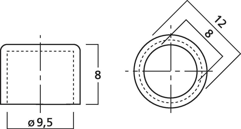 Technische Zeichnung eines zylinderförmigen Objekts mit Bodenfläche Ø 9,5 mm. Das Objekt hat eine Höhe von 8 mm und passt in einen 12x12 mm Rahmen.