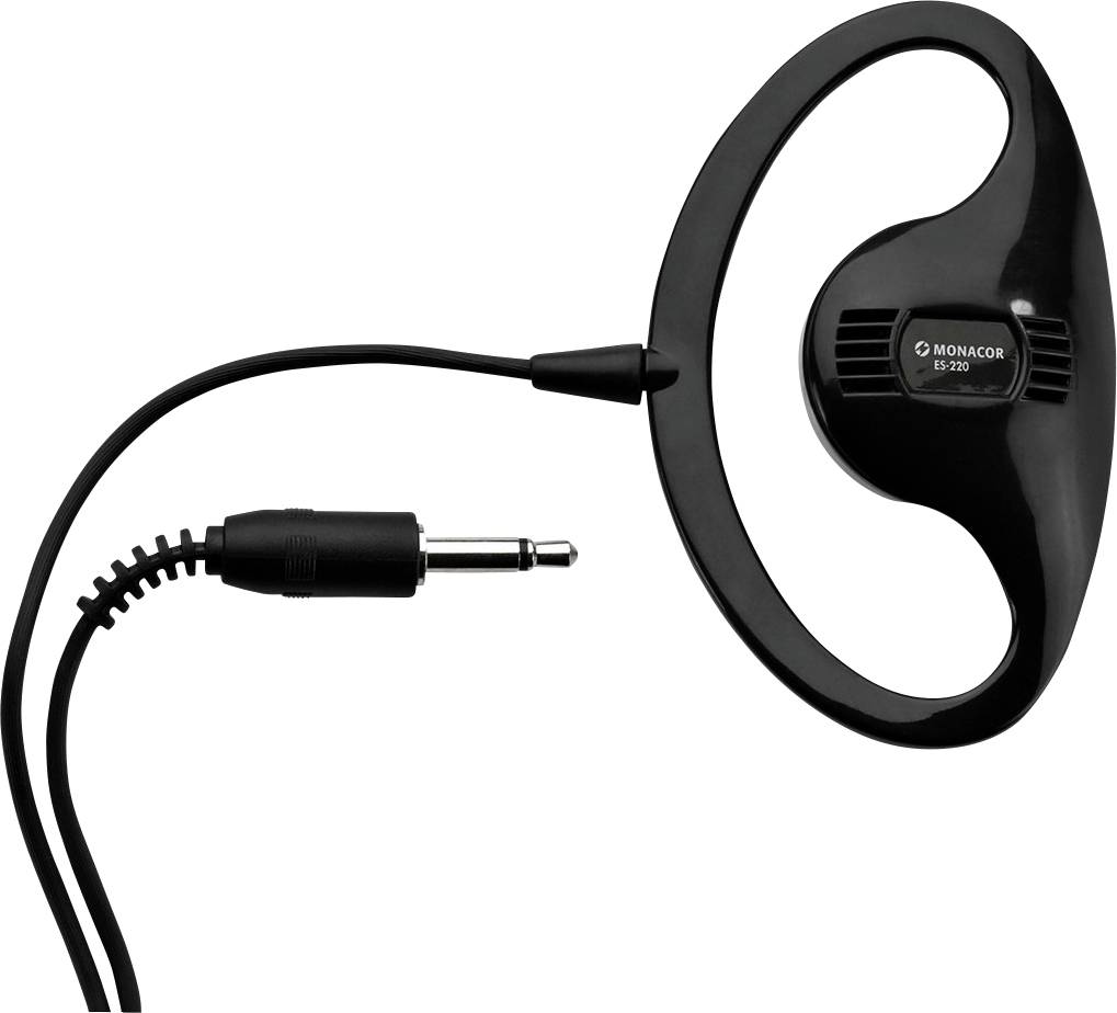 Schwarzer Ohrhörer mit gebogenem Bügel und 3,5-mm-Klinkenstecker.