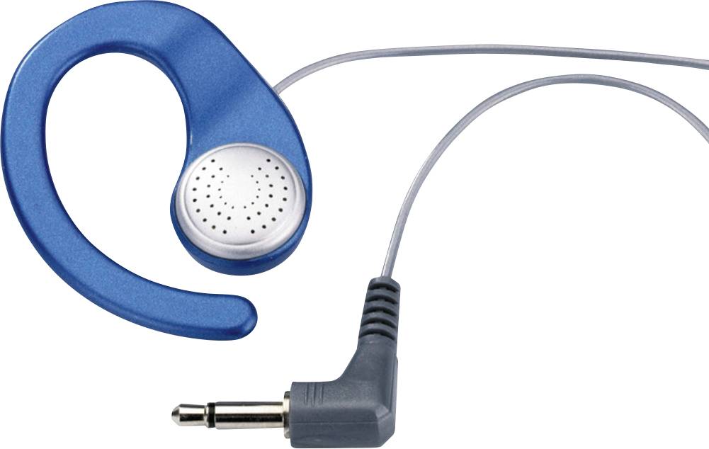 Blauer Ohrhörer mit Bügel und Kabel, das in einem grauen 3,5-mm-Klinkenstecker endet.