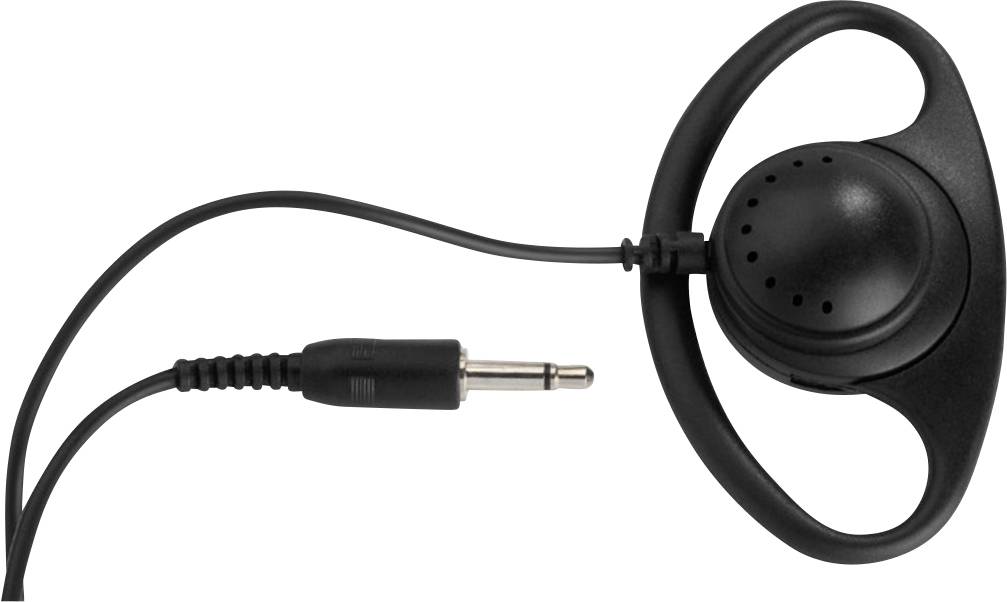 Ein einzelner schwarzer Ohrhörer mit einem Kabel und einem 3,5-mm-Stecker, auf weißem Hintergrund dargestellt.