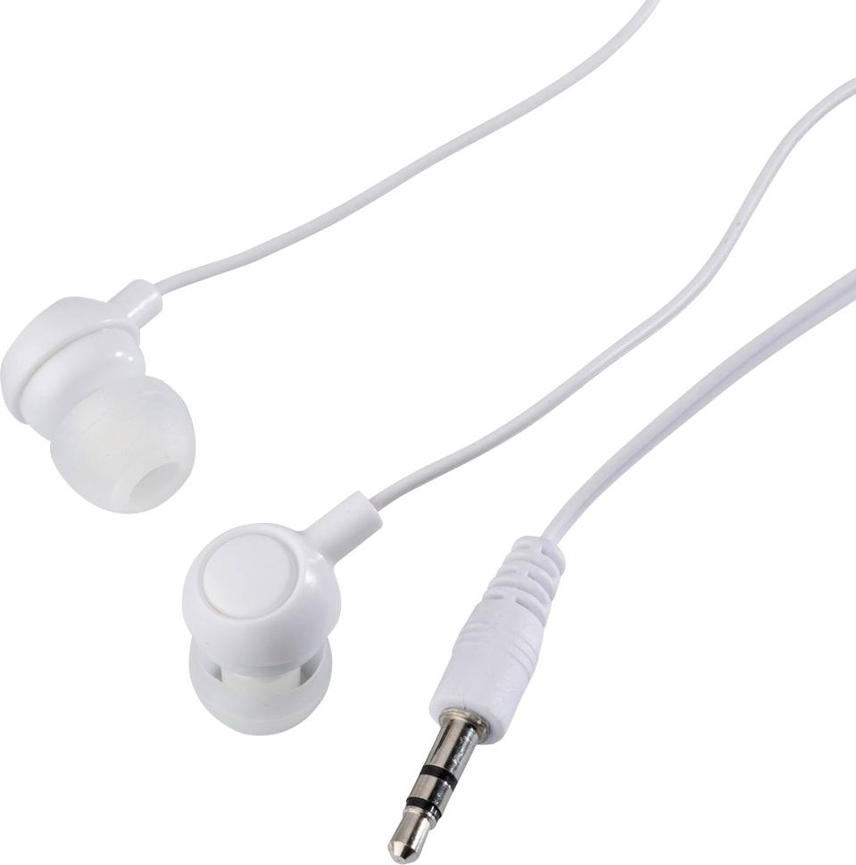 Weiße In-Ear-Kopfhörer mit Kabel und einem 3,5-mm-Klinkenstecker.