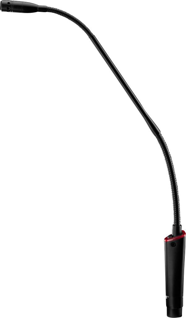 Ein langes, schwarzes Schwanenhals-Mikrofon mit flexiblem Arm und rundem Sockel, geeignet für Podiumsdiskussionen oder Vorträge.