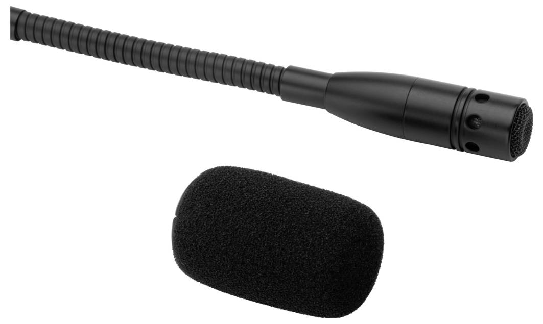 Schwarz-graues Mikrofon mit Schwanenhals und schwarzem Schaumstoff-Windschutz. Ideal zum Sprechen bei Präsentationen oder Aufführungen.