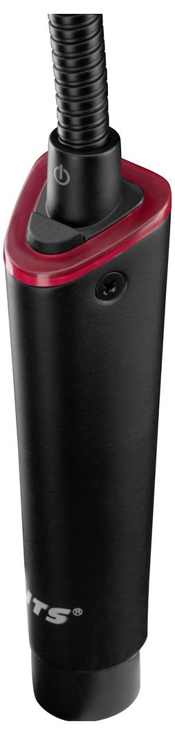 Schwarzes Elektrogerät mit rotem Rand, schwarzem Knopf und Spiralkabel, möglicherweise ein Haarglätter oder Rasierer.