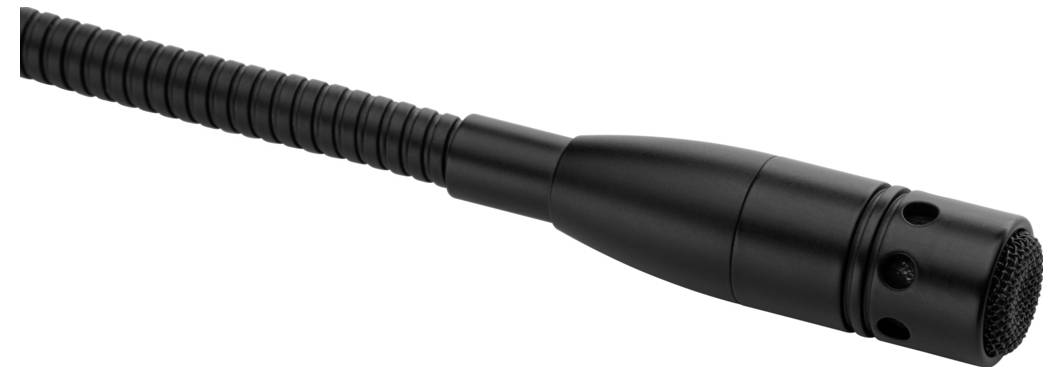 Ein schwarzes Schwanenhalsmikrofon mit flexiblem Hals und rundem Kopf, geeignet für Reden oder Präsentationen in Bühnenumgebungen.