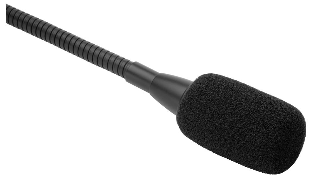Ein schwarzes Schwanenhalsmikrofon mit Schaumstoffabdeckung. Geeignet für Reden oder Präsentationen auf Konferenzpulten.