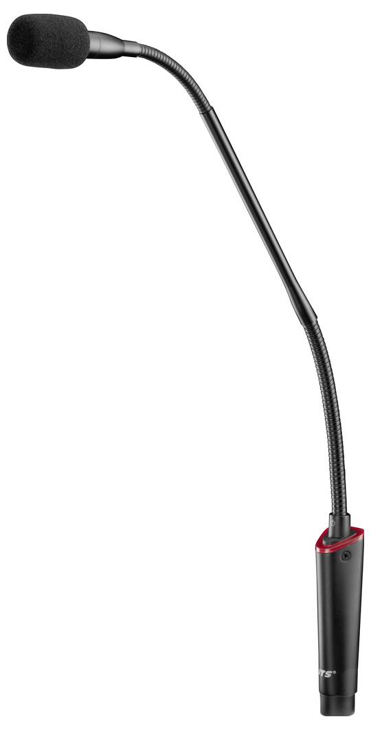 Ein schwarzes Schwanenhalsmikrofon mit einem abgewinkelten Hals und Schaumstoff-Windschutz.