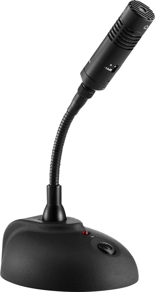 Ein schwarzes Tischmikrofon mit flexiblem Schwanenhals und roter LED-Anzeige, geeignet für Konferenzen oder Vorträge.
