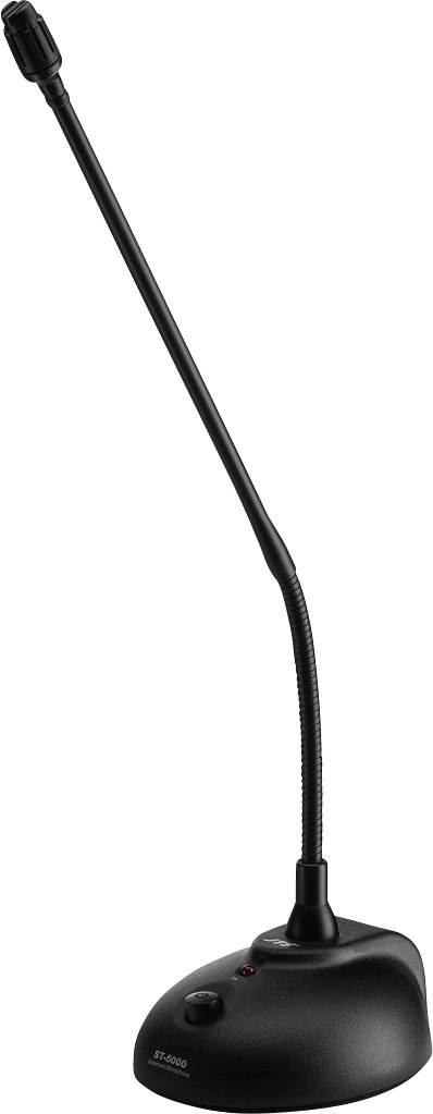 Ein schlichtes, schwarzes Tischmikrofon mit flexiblem Hals und stabilem Standfuß, geeignet für Präsentationen oder Konferenzen.