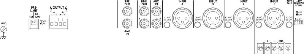 Diagramm eines Audio-Verstärkers mit Anschlüssen: GND, Vorverstärker, Lautsprecherausgänge, AMP IN, PH OUT, AUX IN.