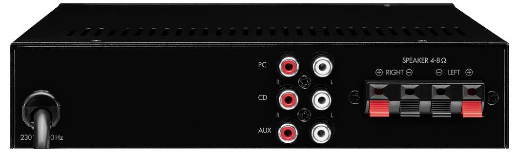 Rückansicht eines Audioverstärkers mit Anschlüssen für PC, CD, AUX und Lautsprecherausgang. Stromkabel links.