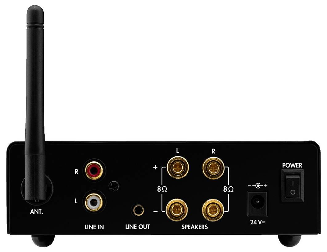 Rückseite eines Audiogeräts mit Antenne, Audioeingang, Audioausgang, Lautsprecheranschlüssen und Netzschalter.