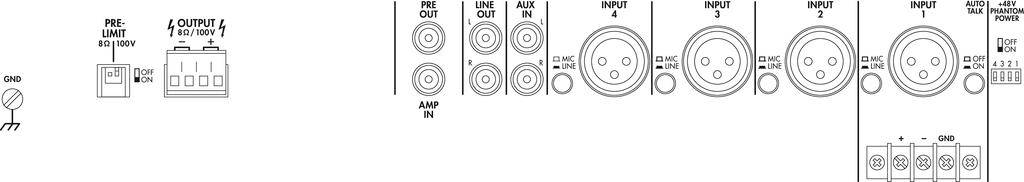 Diagramm eines Audio-Mischpults zeigt Eingänge und Ausgänge: AMP IN, PIN OUT, INPUT 1-3, ALL PASS OUT. Symbole für elektrische Kategorien.
