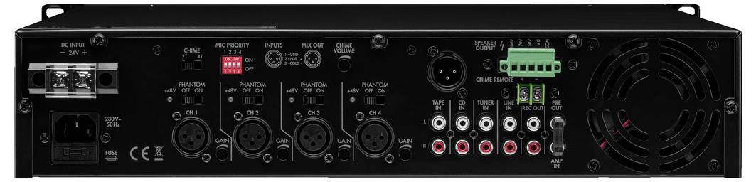 Rückseite eines Audioverstärkers mit mehreren XLR- und Cinch-Eingängen, einem Lüfter und Schaltern für verschiedene Einstellungen.