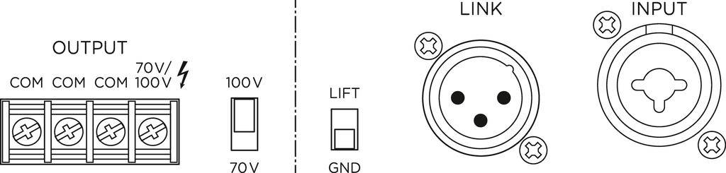 Schema einer Audio-Verbindung: zeigt OUTPUT mit COM- und Spannungsanschlüssen, LIFT-Schalter, LINK- und INPUT-Ports mit Symbolen.