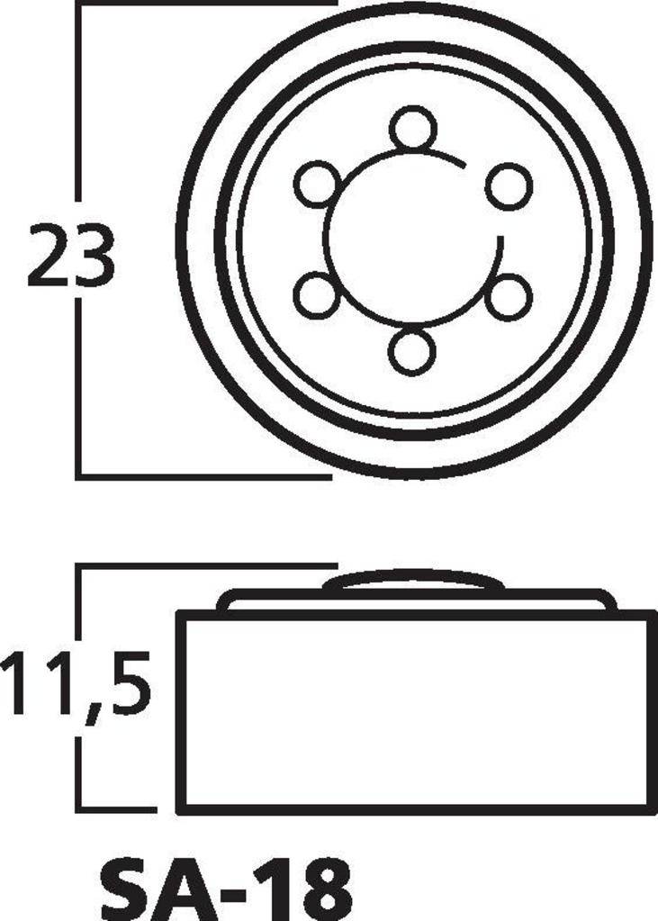 'SA-18' Zeichnung einer zylindrischen Baugruppe mit Maßen: Durchmesser 23 mm, Höhe 11,5 mm. Sechs symmetrische innere Kreise.<br><br>