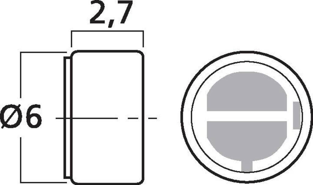 Technische Zeichnung eines zylinderförmigen Objekts mit 6 mm Durchmesser und 2,7 mm Höhe, Seiten- und Draufsicht dargestellt.