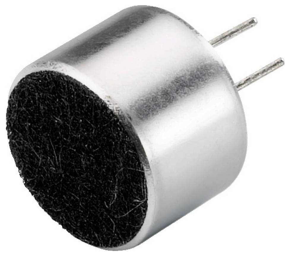 Ein zylindrisches Mikrofonkapsel mit zwei herausragenden Metallstiften und einer schwarzen Membranoberfläche.