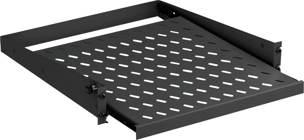 Ein schwarzes, perforiertes Metallregal, geeignet für die Montage in einem Server-Rack, zur Unterstützung von Geräten und Zubehör.