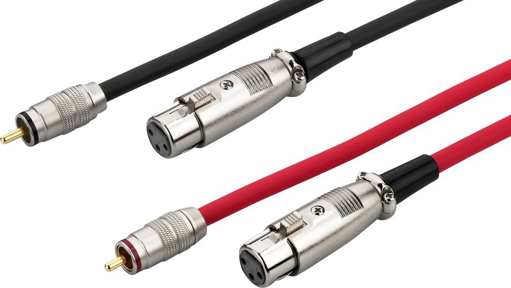 Zwei Kabel mit XLR- und RCA-Steckern, eines schwarz, das andere rot. Sie dienen zur Audioverbindung zwischen Geräten.