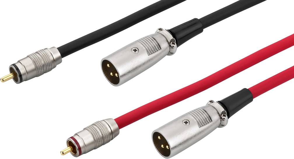 Zwei Audio-Kabel: eins schwarz, eins rot. Beide mit RCA-Stecker auf XLR-Stecker. Verwendet für Audioverbindungen in Studio.
