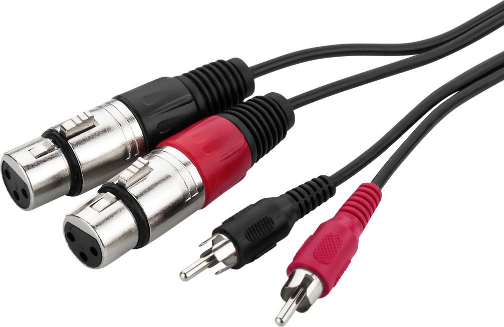 Zwei Audiokabel mit XLR-Steckern und zwei Cinch-Steckern, schwarz und rot, auf einem weißen Hintergrund.