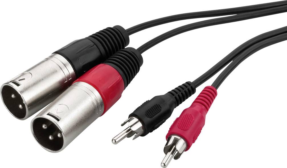 XLR-Kabel, männliche Stecker, schwarz und rot, verbunden mit Cinch-Steckern, ebenfalls schwarz und rot, auf weißem Hintergrund.