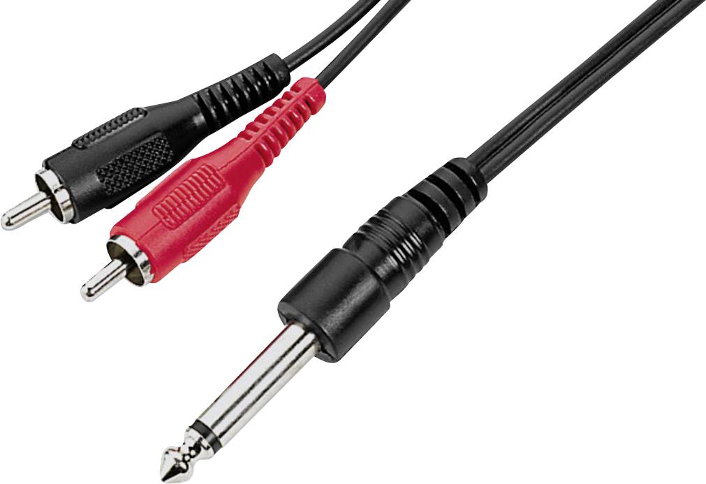 Audioverbindungskabel mit einem 6,35 mm Klinkenstecker zu zwei Cinch-Steckern, für den Anschluss von Audioausrüstung.