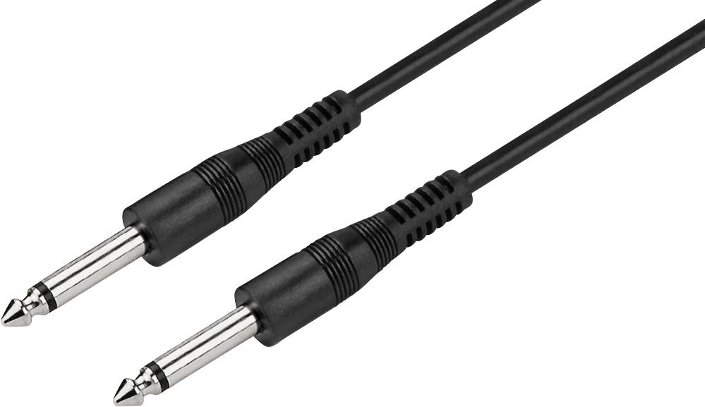 Ein schwarzes Audiokabel mit zwei 6,3 mm Klinkensteckern, verwendet zum Anschluss von Musikinstrumenten oder Audiogeräten.
