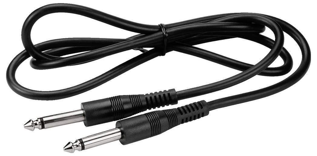 Ein schwarzes Audiokabel mit zwei Metallsteckern an den Enden, geeignet für Musikinstrumente oder Audioausrüstung.