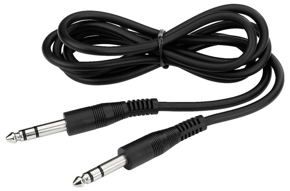 Zwei schwarze Audiokabel mit 6,35 mm Klinkensteckern an beiden Enden, aufgerollt auf einem weißen Hintergrund.