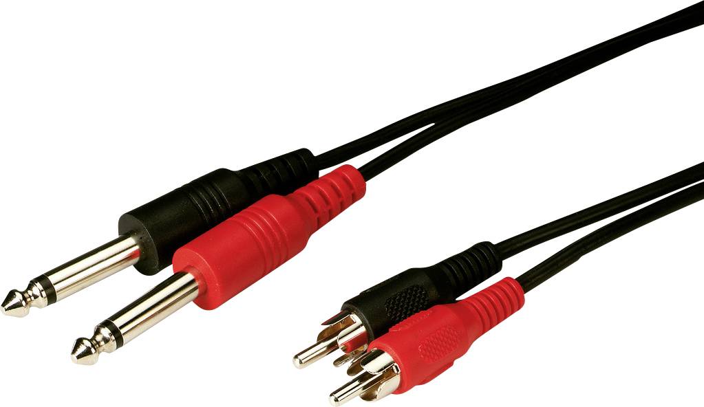 Ein schwarzes und ein rotes Audiokabel mit zwei RCA-Steckern und zwei 6,35-mm-Klinkensteckern.