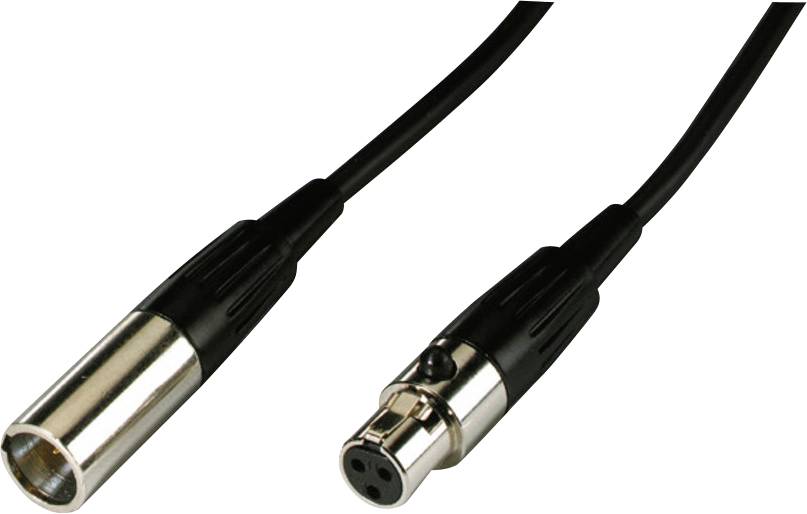 Ein XLR-Audiokabel mit Stecker und Buchse, verwendet für professionelle Tonverbindungen, auf einem weißen Hintergrund.