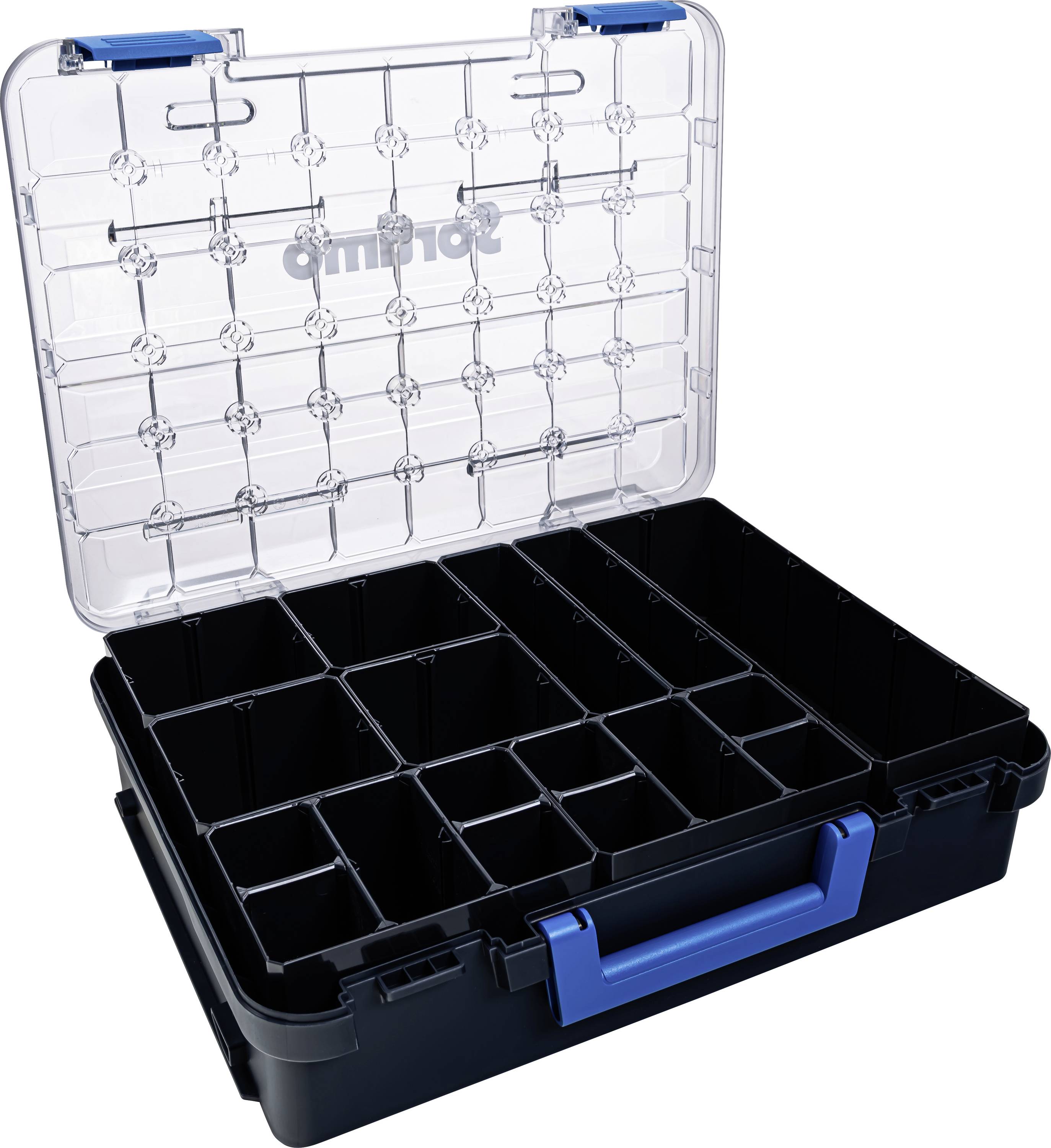 Ein geöffneter kleiner Werkzeugkoffer mit transparentem Deckel, mehreren leeren Fächern und einem blauen Griff.