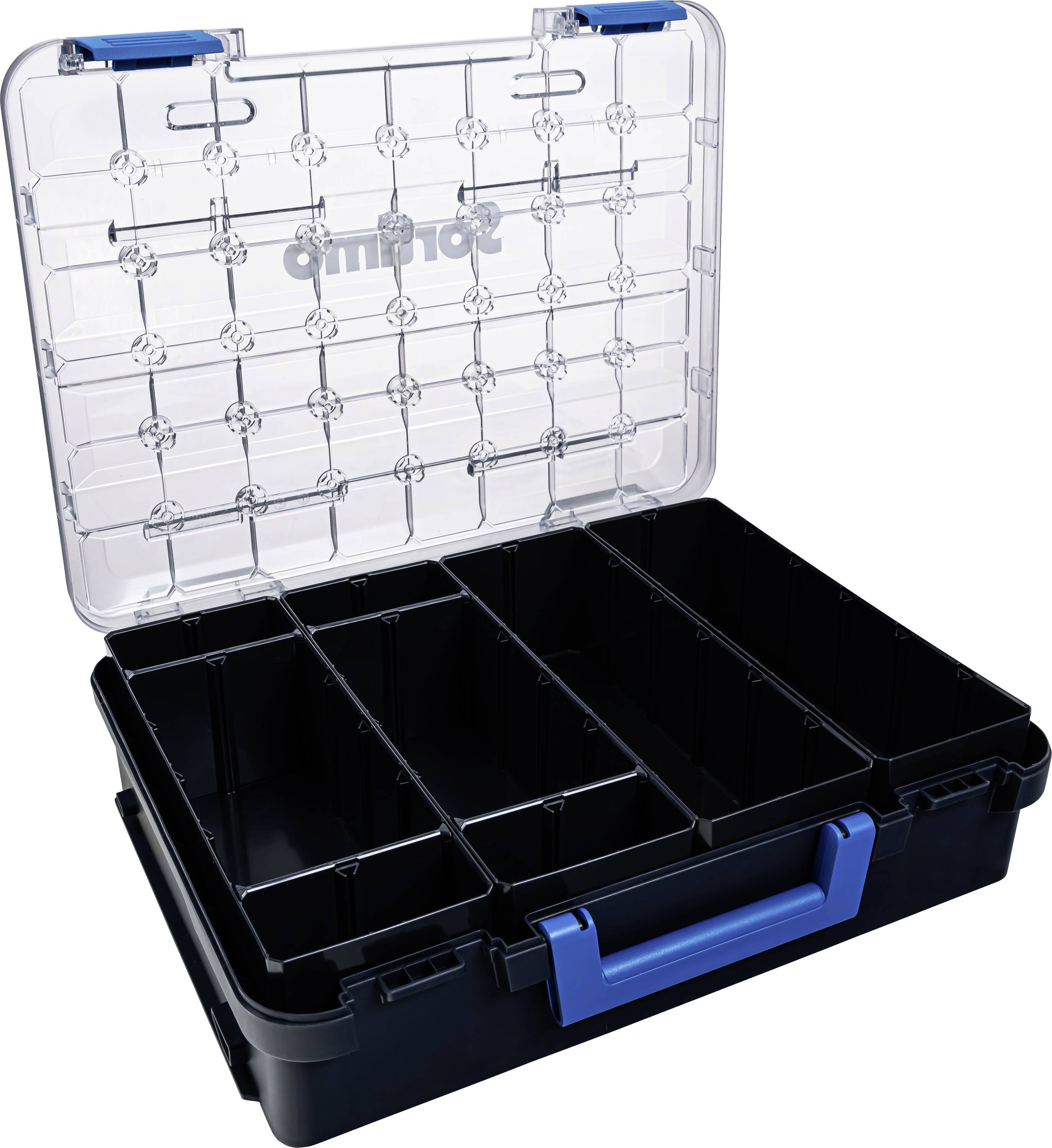 Geöffneter schwarzer Kunststoff-Werkzeugkasten mit transparentem Deckel und blauem Griff. Enthält mehrere Fächer zur Aufbewahrung.