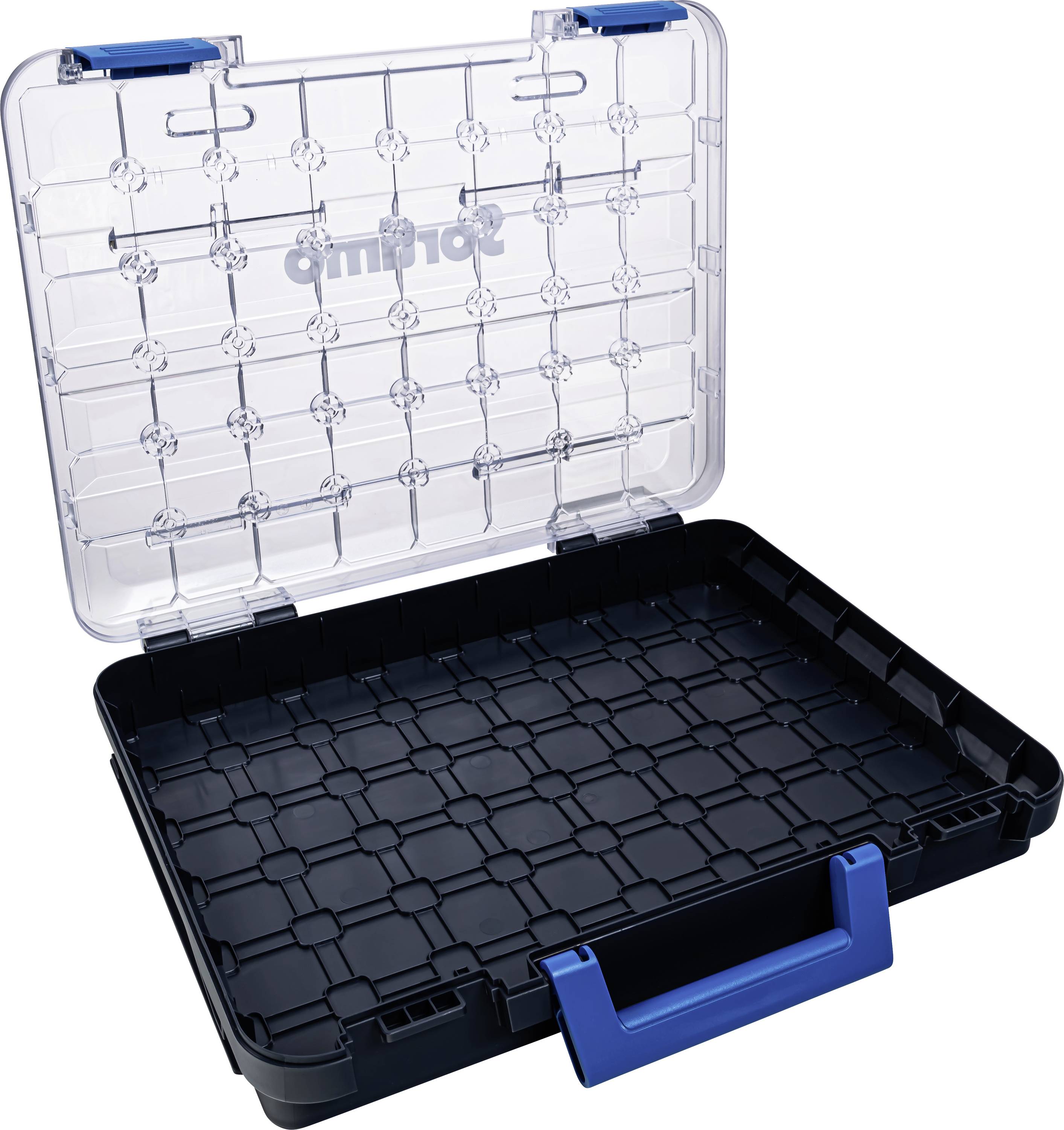 Offener schwarzer Sortimentskasten mit transparentem Deckel und blauem Griff, geeignet zur Aufbewahrung von Kleinteilen.