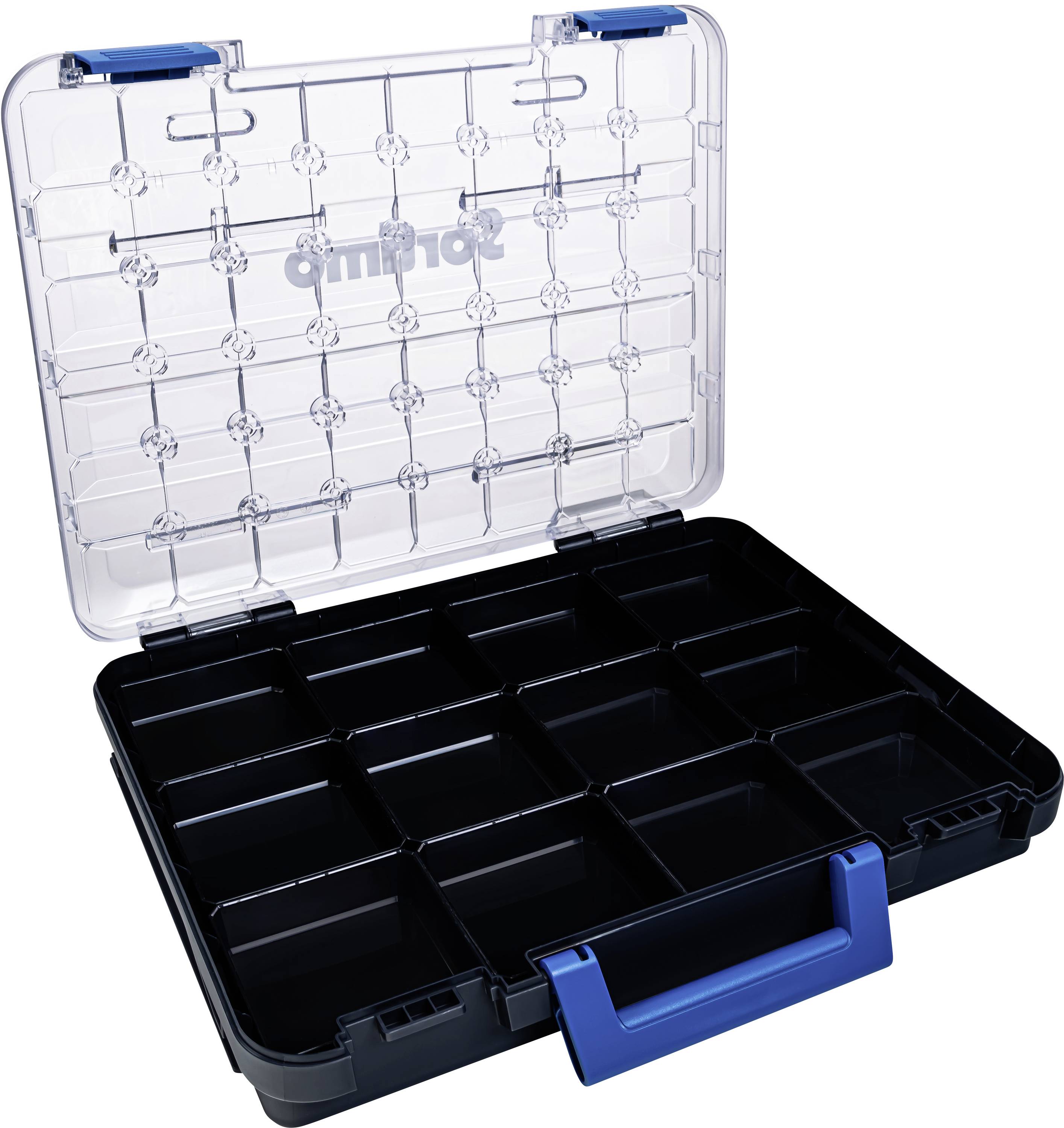 Kunststofforganizer mit klarem Deckel und 15 schwarzen Fächern, geeignet zur Aufbewahrung kleiner Teile. Blauer Griff für einfachen Transport.