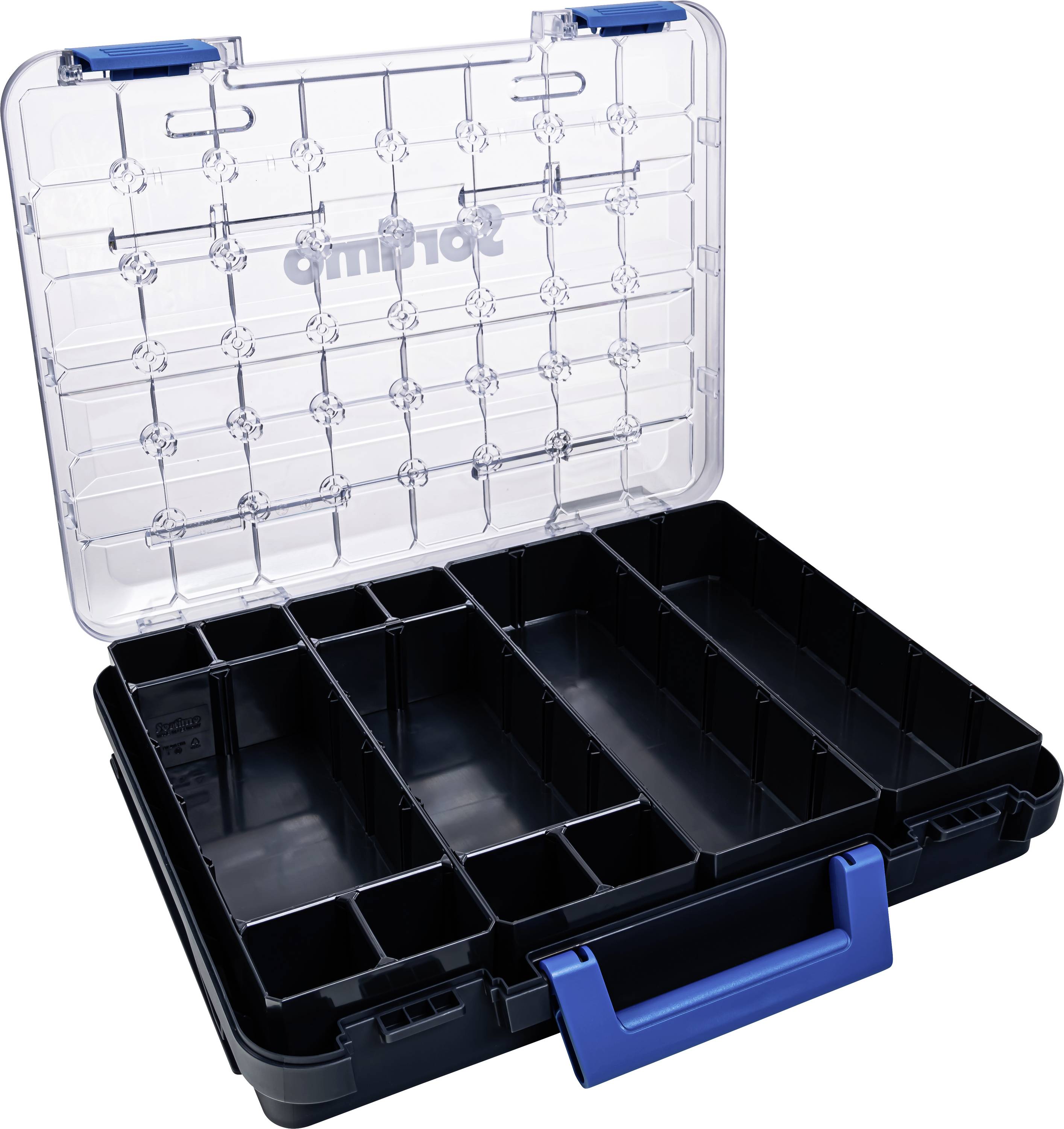 Ein offener, schwarzer Kunststoffwerkzeugkasten mit mehreren Fächern und einem transparenten Deckel, blauer Griff.