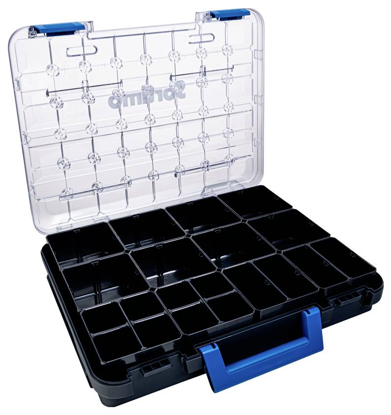 Transparente Sortierbox mit blauem Griff und 20 schwarzen Fächern, geeignet zur Aufbewahrung von Werkzeugen oder Kleinteilen.