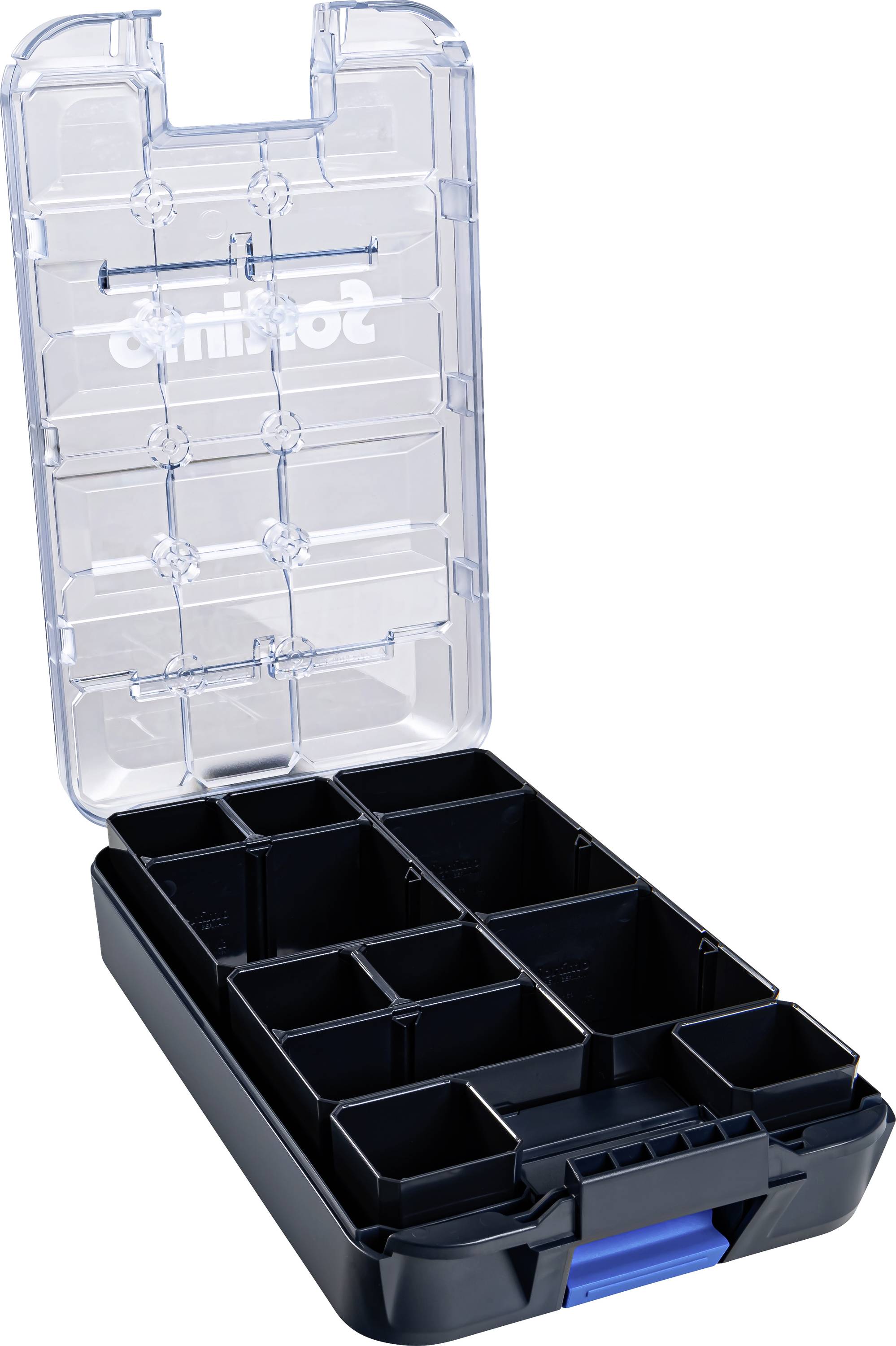 Geöffnete Sortierbox mit mehreren Fächern zur Aufbewahrung von Kleinteilen, blauem Verschluss und transparentem Deckel.