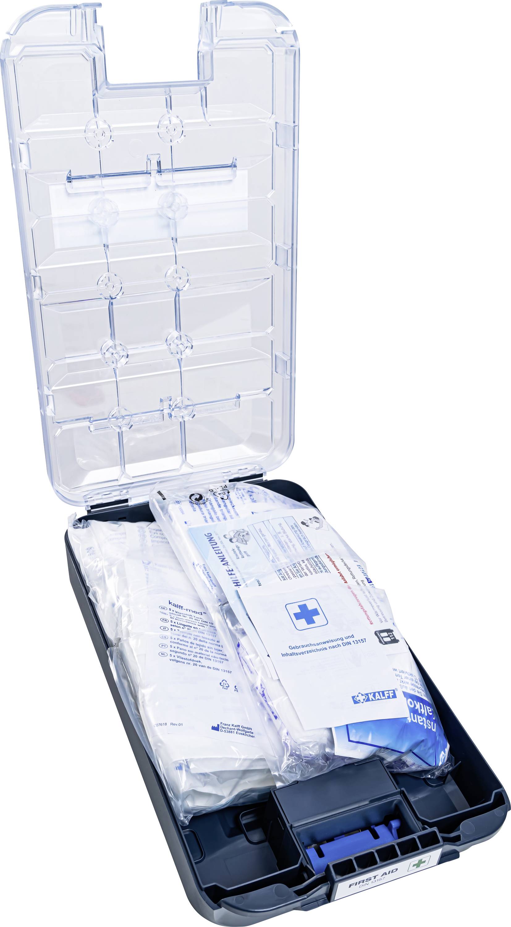 Erste-Hilfe-Kasten geöffnet, enthält Verbandsmaterialien und medizinische Versorgung für Notfälle.