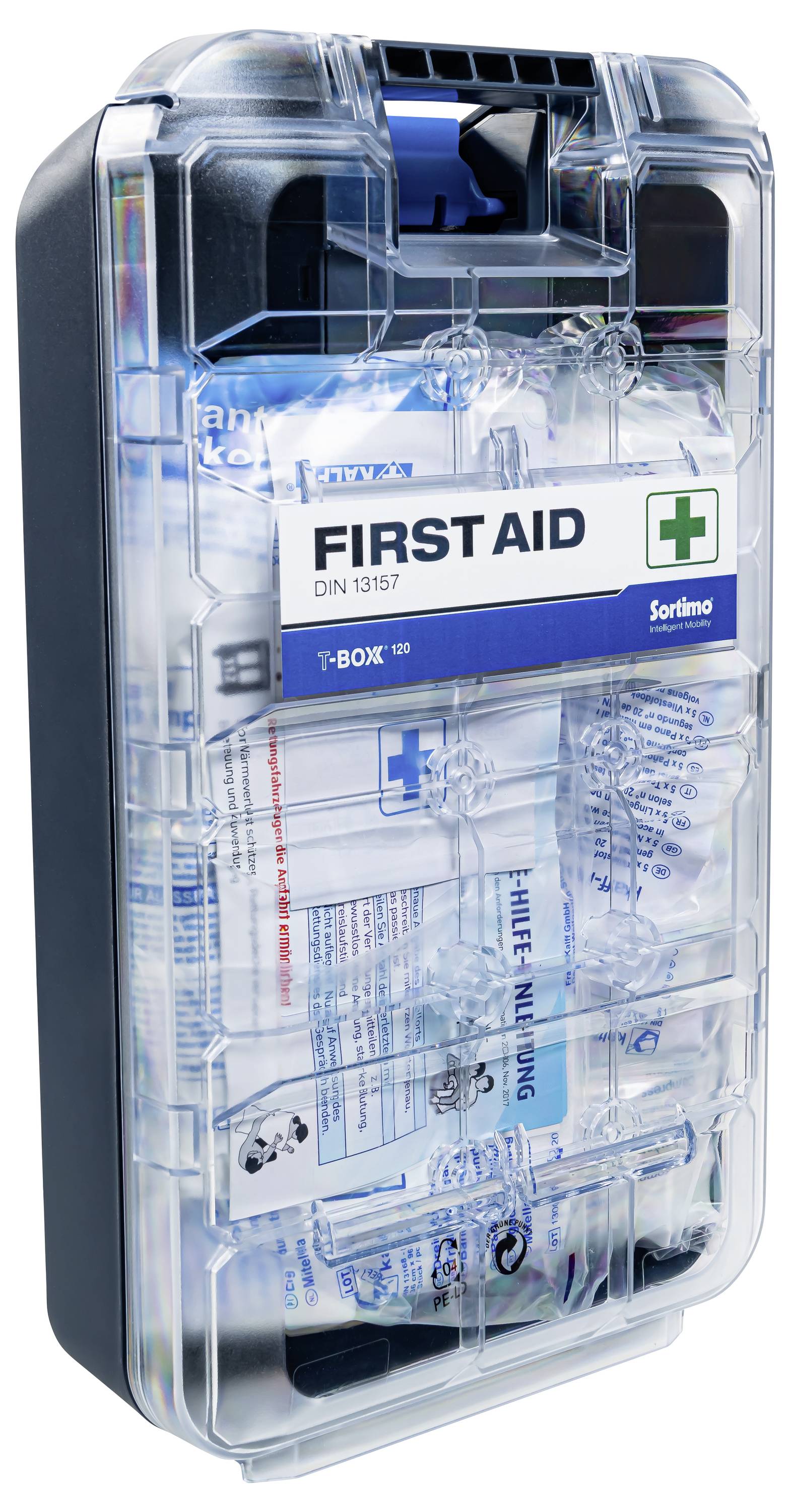 Erste-Hilfe-Kasten mit durchsichtigem Deckel und einem Etikett 'FIRST AID'. Enthält Verbandsmaterial und medizinische Ausrüstung.