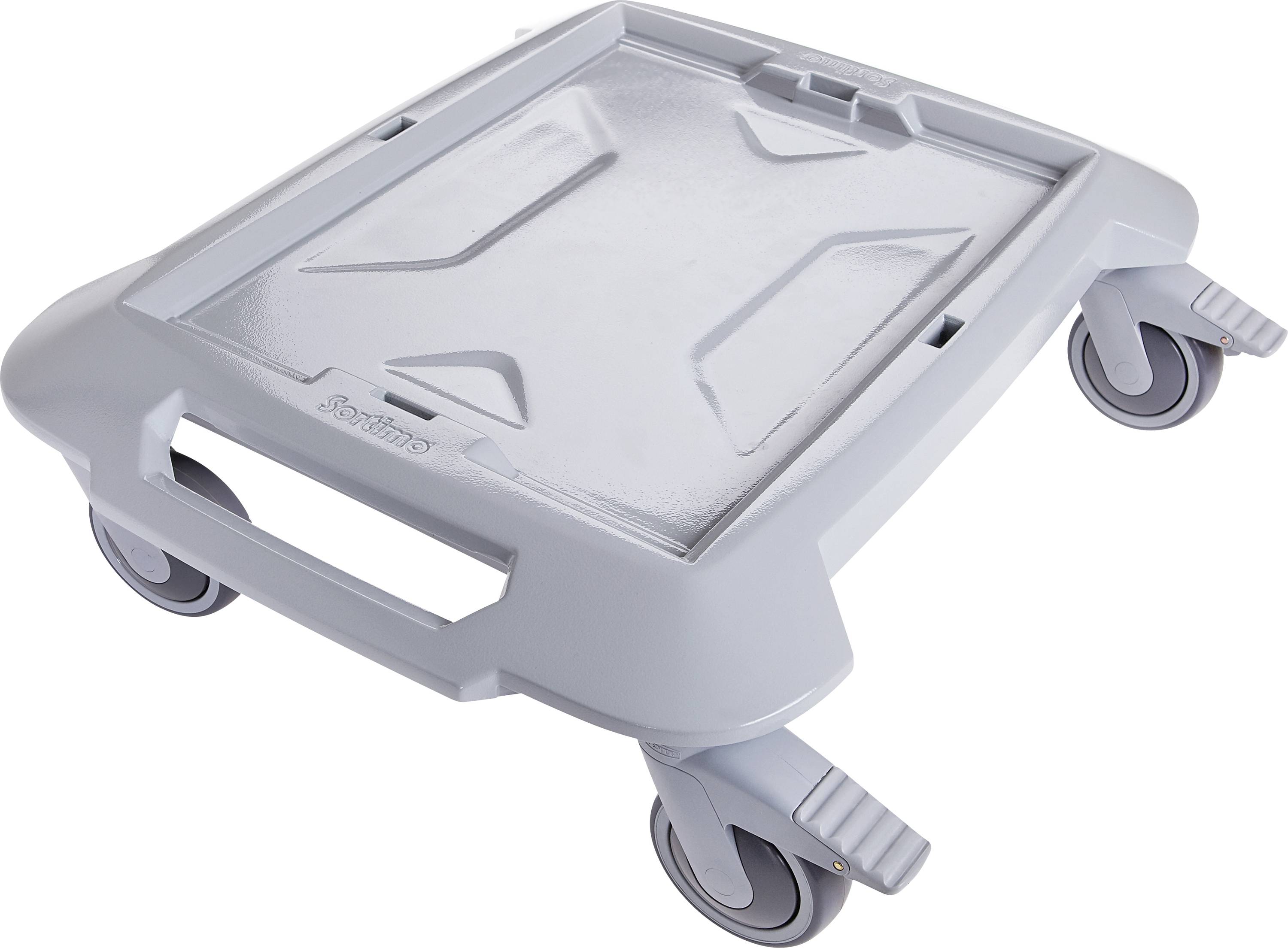 Ein graues Rollbrett mit vier Rädern und einem Griff. Designed für den Transport von schweren Gegenständen.